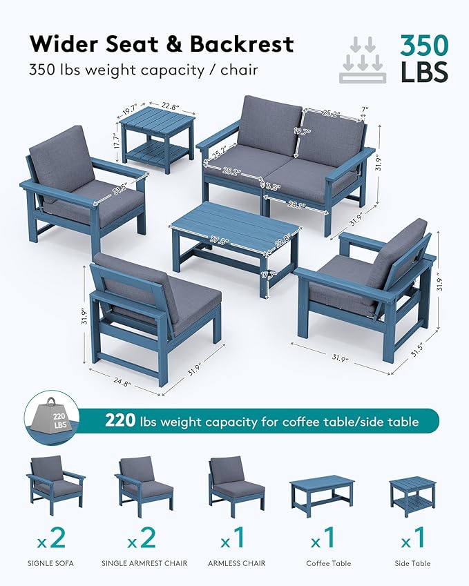SERWALL HDPE Patio Furniture Set, 7-Piece Outdoor Sectional Sofa Set, All Weather Outdoor Couch Set for Deck, Lawn, Blue Frame with Grey Cushion