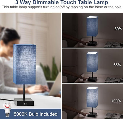 Sailstar Bedside Table Lamp for Bedroom, 3 Way Dimmable Touch Lamp with USB C+A Charging Ports, Small Nightand Lamps for Bedroom Decor, Living Room, LED Bulbs Included, Upgraded Navy Blue