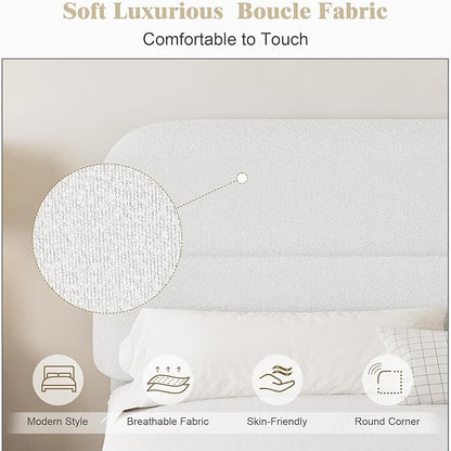 HOMBCK Full Size Bed Frame, Boucle Upholstered Bed Frame Full with Headboard and Thickened Footboard, Rounded Corners, No Box Spring Needed, Easy Assembly, White