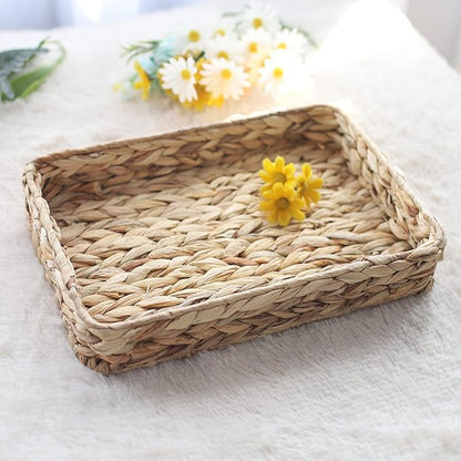 Water Hyacinth Woven Serving Tray Rectangular Hand-Woven Wicker Storage Trays for Coffee/Breakfast/Dessert/Fruit/Bread (Original Color - Small)