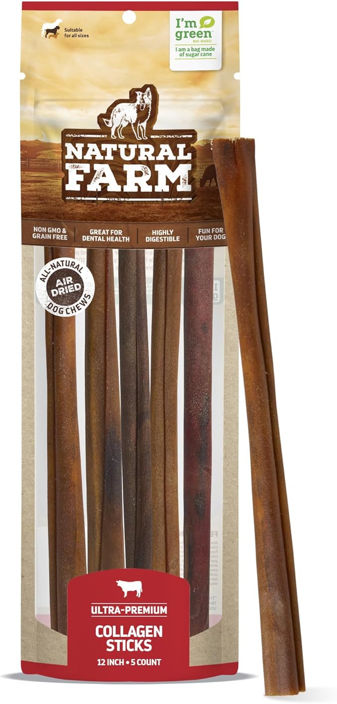 Natural Farm Collagen Dog Chews (12 Inch, 5 Pack), Odor-Free Long Lasting Bully Sticks & Rawhide Alternative Dog Treats, 95% Collagen Low Fat, High Protein – Medium & Large Dogs