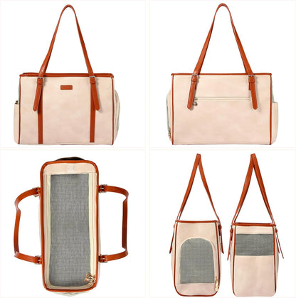 Fashion Dog Purse Pet Carrier Leather Bag for Small Dogs Cats Puppy, Portable Tote Bag Airline Approved Soft-Sided Carriers (Beign)