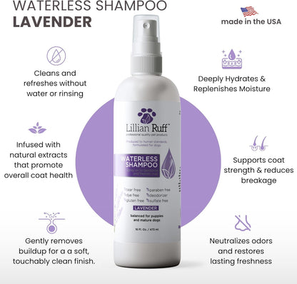 Lillian Ruff Waterless No-Rinse Dog Dry Shampoo Spray with Hydrating Essential Oils - pH-Balanced Dry Shampoo for Dogs - Clean, Condition, Detangle & Deodorize Dry, Sensitive Skin (Lavender)