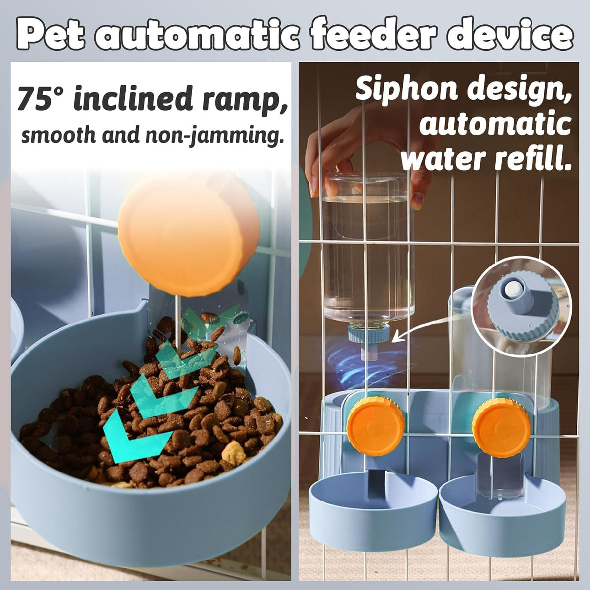kathson Automatic Rabbit Food and Water Dispenser for Cage, Auto Gravity Bunny Feeder and Water Set Hanging Small Animal Feeding & Watering Supplies for Guinea Pig Ferret Puppy Kitten (Blue)