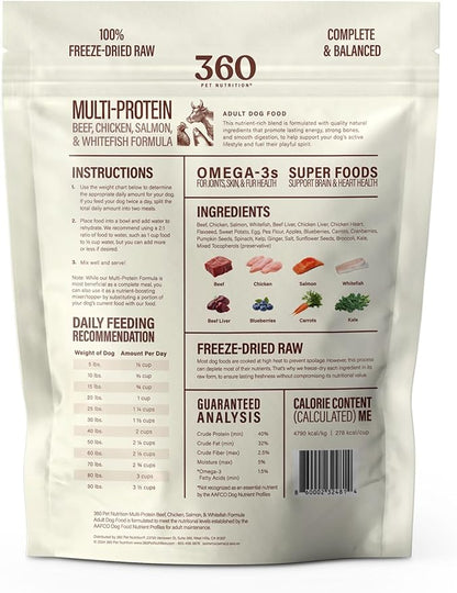 360 Pet Nutrition Freeze-Dried Raw Dog Food – Multi-Protein with Beef, Chicken, Fish, Liver & Organs, High Protein, Omega-3s, Fruits, Veggies & Superfoods, Grain-Free, No Fillers, 1 lb – Made in USA