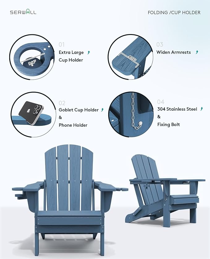 SERWALL Round Outdoor Coffee Table Set,Outdoor Round Coffee Table and Adirondack Chairs with Cup Holders Patio Furniture,Blue