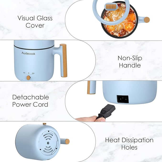 Audecook Hot Pot Electric with Steamer, 1.8L Portable Mini Travel Cooker