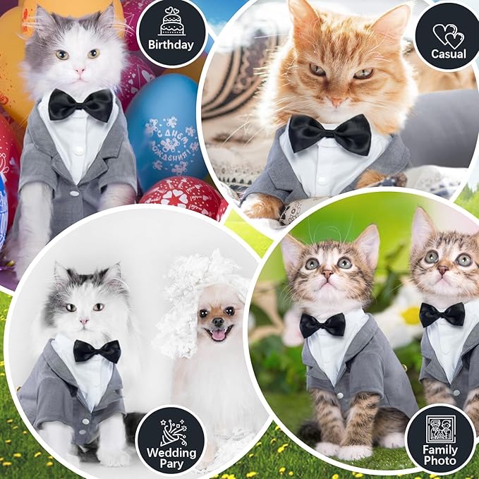 QBLEEV Cat Tuxedo Suit, Cat Halloween Costumes for Cats Only, Sphynx Cat Tuxedo Outfit Costume with Bow Tie, Kitten Formal Attire Wedding Birthday Onesie Clothes for Male Girl Hairless Cats