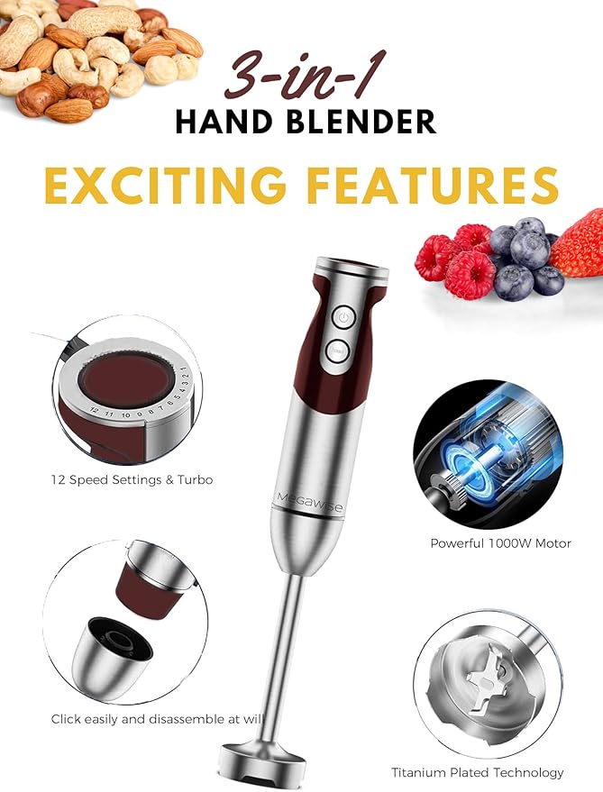 MegaWise Pro Titanium Reinforced 3-in-1 Immersion Corded Hand Blender, Powerful