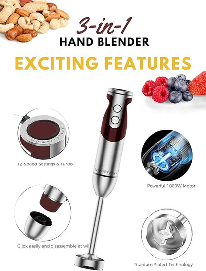 MegaWise Pro Titanium Reinforced 3-in-1 Immersion Corded Hand Blender, Powerful