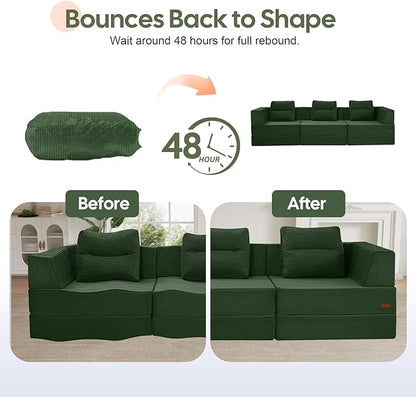 COMAX Futon Sofa Bed 3 Seater, 106" Convertible Sofa Bed Couches for Living Room, 4 in 1 Folding Boneless Sleeper Corduroy Couch Foam in a Box, Comfy Foldable Lounge Fold Out Floor Mattress, Green