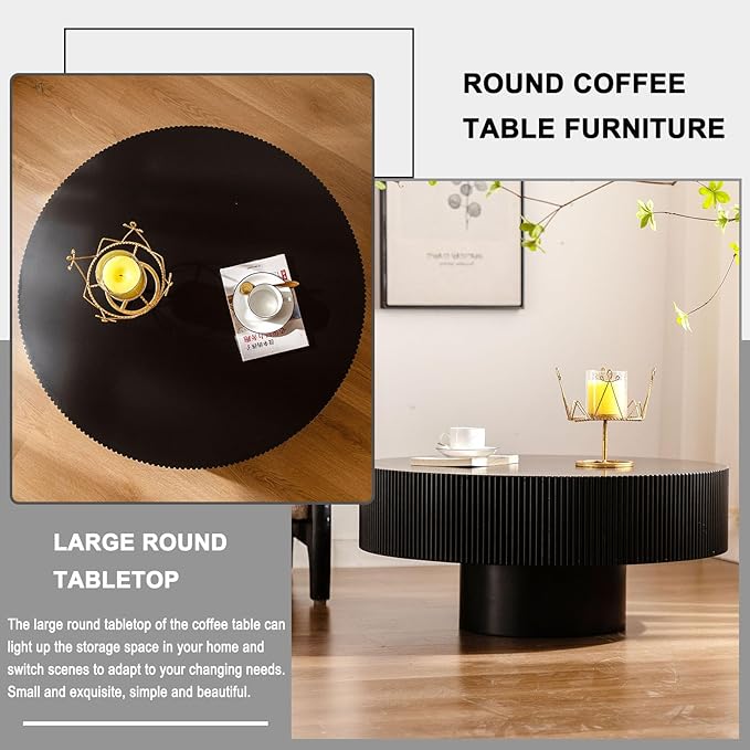 Round Coffee Table, Handcrafted Fluted Drum Coffee Tables Modern Wood Coffee Table Circle Drum Center Table for Living Room, Apartment (Black Thick)