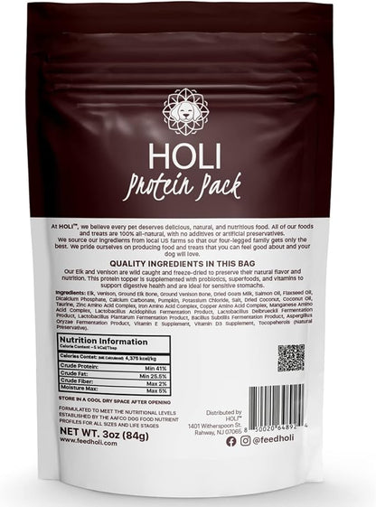 HOLI Freeze Dried Elk and Venison Dog Food Topper - 96% Meat, Wild Caught Free Range - Freeze Dried Dog Food Flavor Enhancer for Picky Dogs – 100% All Natural - 3oz