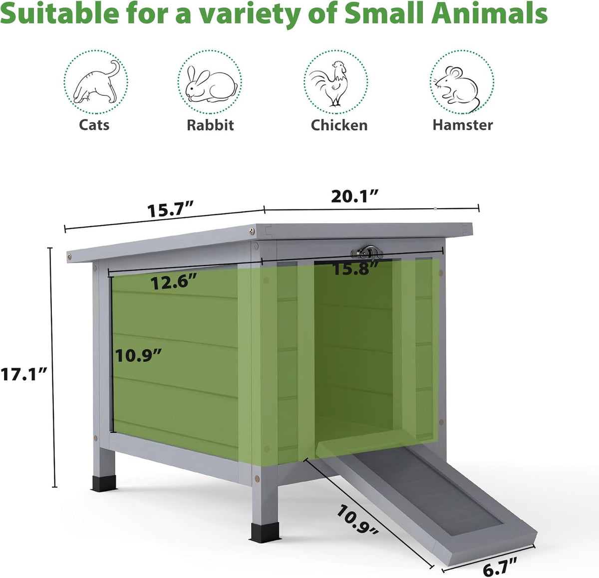 Coziwow Rabbit Hutch, Outdoor Cat House Weatherproof, Bunny Cage Indoor with Openable, Portable Small Animals Shelters with Nonslip Ramp for Hideout Rabbits/Feral Cats/Chicken/Duck/Small Animals-Gray