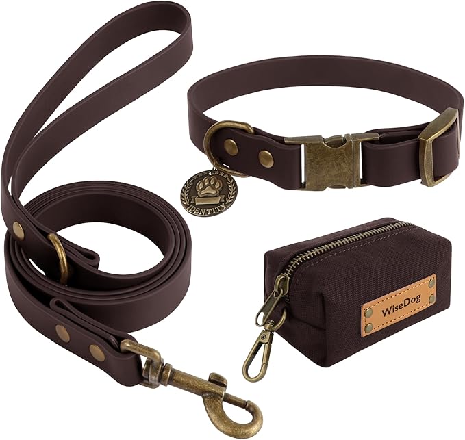 Wisedog Dog Collar and Leash Set, Waterproof Adjustable Puppy Collars with Cute Tag 6FT Dog Leash with Poop Bag for Small Medium Large Dogs (S(Collar:10"-14";Leash:4 ft), Brown)