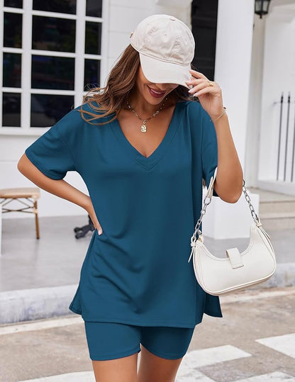 Ekouaer Womens Pajamas 2 Piece Lounge Sets Oversized V Neck T-Shirts Tops Biker Shorts Set Workout Reversible Tracksuit S-XXL