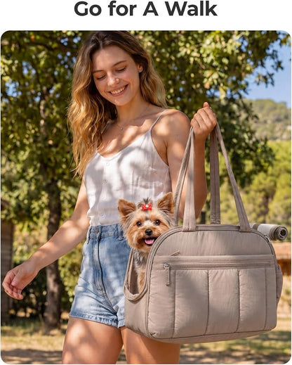BAGSMART Dog Purse Carrier for Small Dogs Up to 13lbs Puppy Travel Tote Bag | Quilted Puffy Soft Sided Pet Handbag with Pockets, Collapsible Lightweight Portable Carrying with Safety Tether & Mat, Green