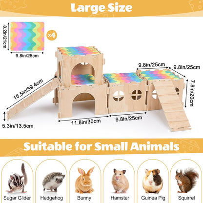 Guinea Pig Hideout, Guinea Pigs House with Stairs and Mats Extra Large Guinea Piggy Castle Detachable Hideouts for Small Animals Wooden Guinea Pig Habitats with Multiple Doors and Windows