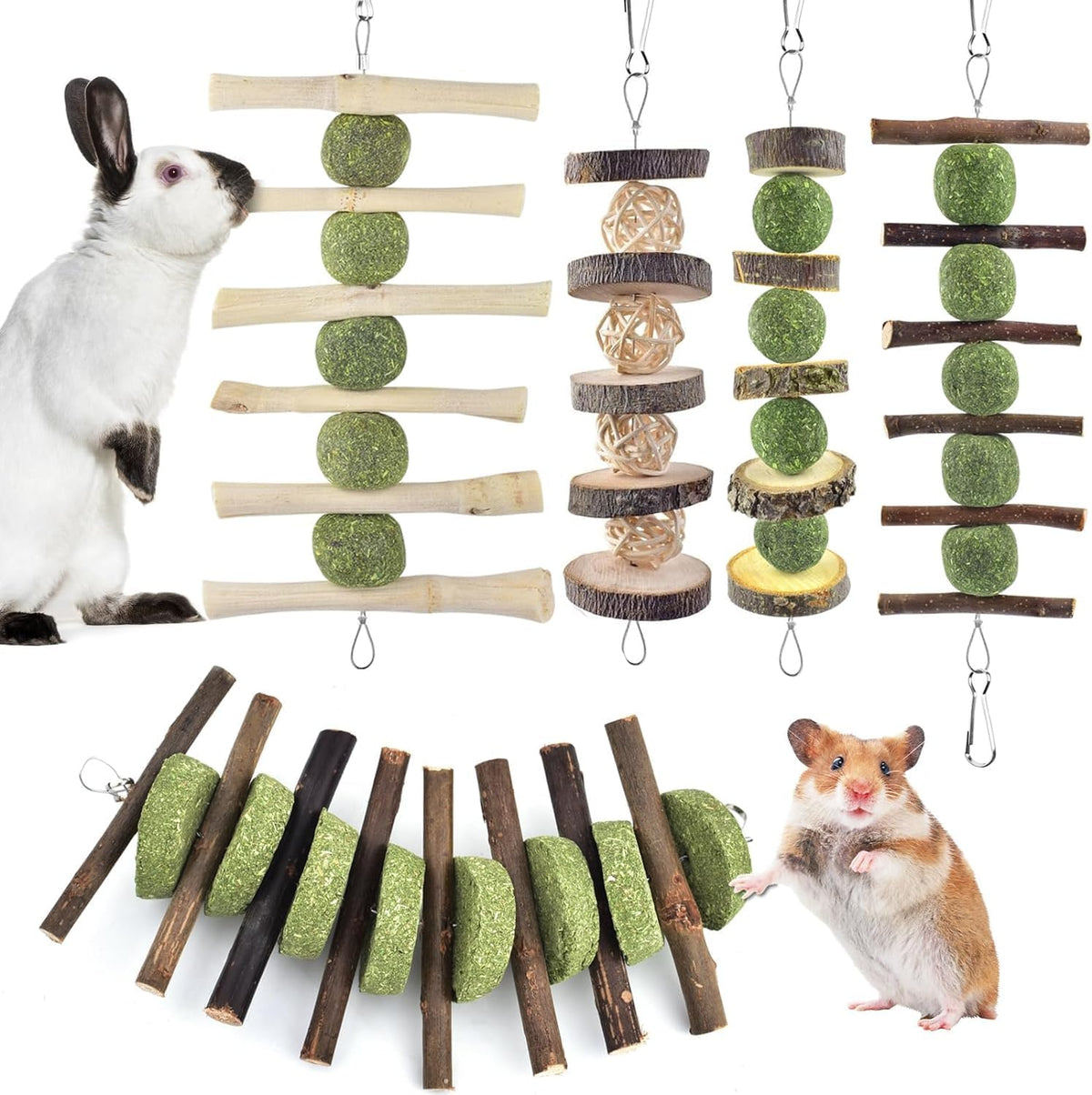 ERKOON Bunny Chew Toys, Rabbit Chew Toys for Teeth Grinding, Improve Dental Health, 100% Natural Apple Wood Timothy Grass Cake Treats for Rabbits Guinea Pigs Chinchillas Bunnies Hamsters (5 Pcs)