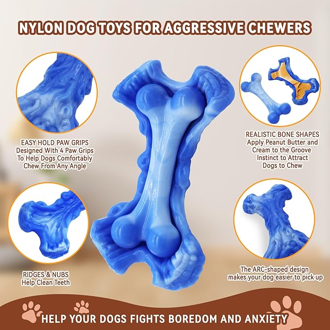 Magicorange Tough Dog Toys, Chew Toys for Aggressive Chewers, Dog Bone Toy Nylon Almost Indestructible Dogs Toy for Teeth Cleaning and Training (Blue)