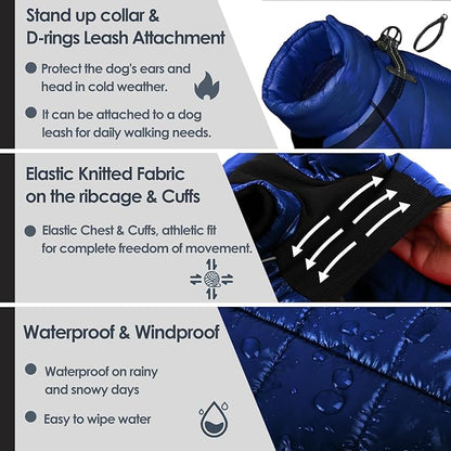 AOFITEE Dog Coat, Waterproof Dog Winter Jacket, Warm Fullbody Dogs Snowsuit, Winter Coat for Small Dogs, Zip Up Pet Puffer Jacket Fleece Vest, Outdoor Reflective Cold Weather Pet Coats, Blue L