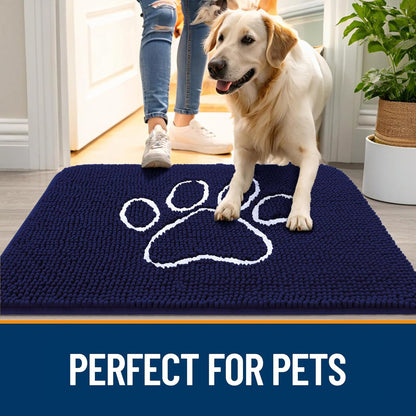 OLANLY Door Mat for Muddy Dog Paws 59x35, Ultra Absorbent Chenille Mud Doormat with Paw Print Design, Non-Slip Washable Doormat for Indoor Entryway, Quick-Dry Pet Bed Mats for Dirty Dogs, Navy Blue