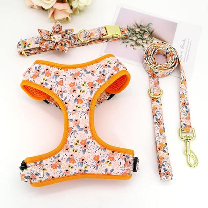 Beirui Cute Dog Collars,Harnesses,Leashes Set, Floral Pattern, Orange,S | Girl Dog Harness Set with Flower, Adjustable and Soft Mesh Lining, For Small Dogs Daily Walks