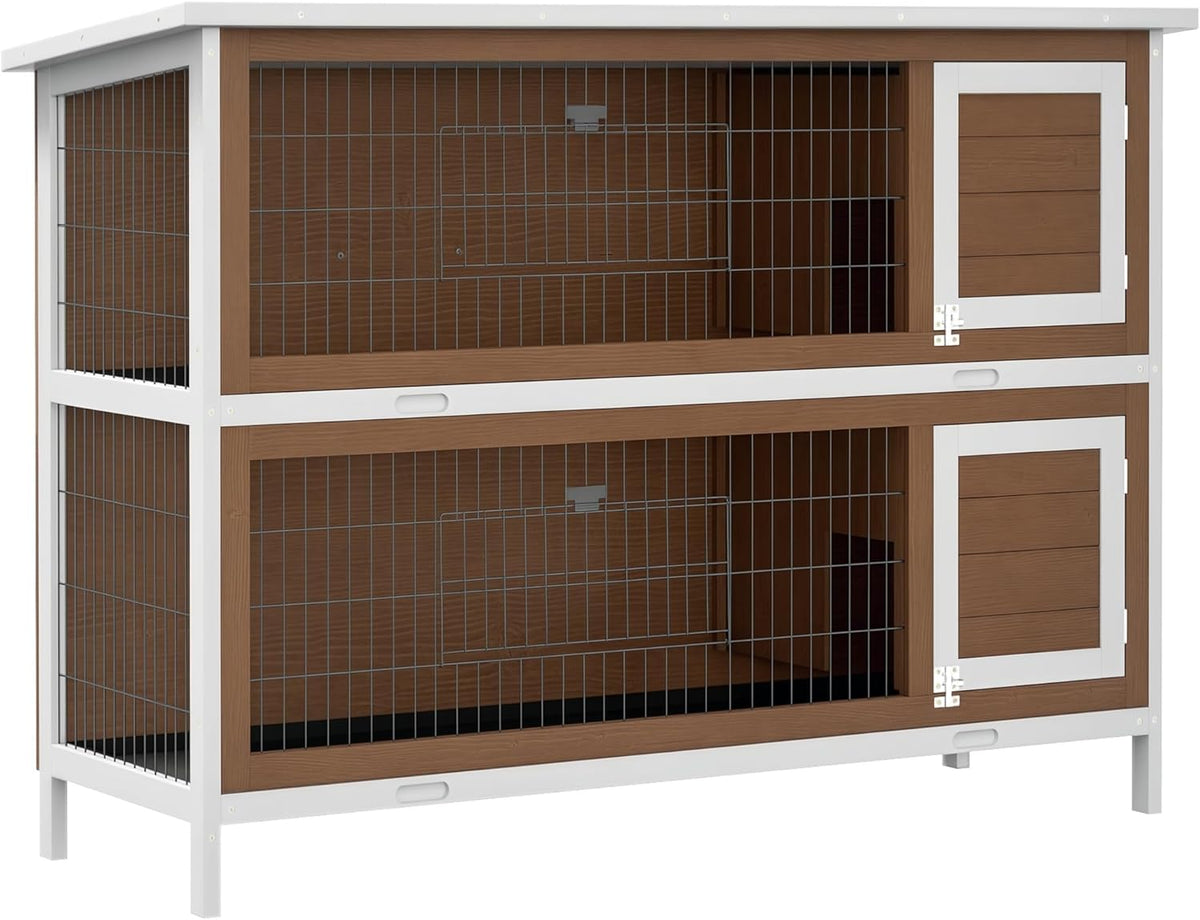 PawHut 54" 2-Story Large Rabbit Hutch Bunny Cage Wooden Pet House Small Animal Habitat with Lockable Doors, No Leak Tray and Waterproof Roof for Rabbits, Chickens, Ducks, Outdoor/Indoor Brown