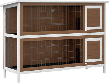 PawHut 54" 2-Story Large Rabbit Hutch Bunny Cage Wooden Pet House Small Animal Habitat with Lockable Doors, No Leak Tray and Waterproof Roof for Rabbits, Chickens, Ducks, Outdoor/Indoor Brown