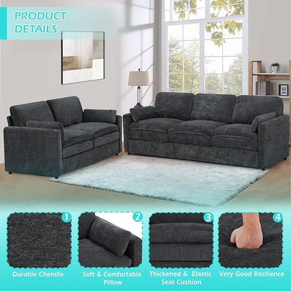 2 Pieces Chenille Sofa Set w/Throw Pillows, Upholstered Loveseat & 3 Seater Sofa w/Comfortable Back Cushions, Modern 2-Seat & 3-Seat w/High-Density Foam for Living Room, Apartment, Grey