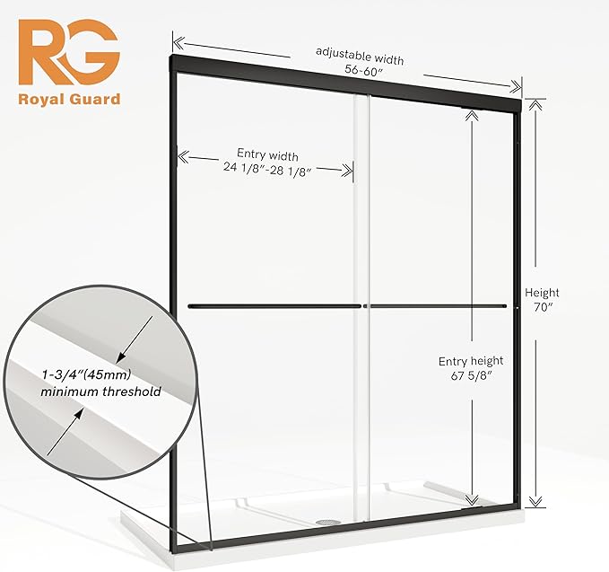 Royal Guard Double Sliding Shower Door, 56-60" W x 70" H Semi-Frameless Sliding