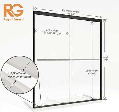 Royal Guard Double Sliding Shower Door, 56-60" W x 70" H Semi-Frameless Sliding