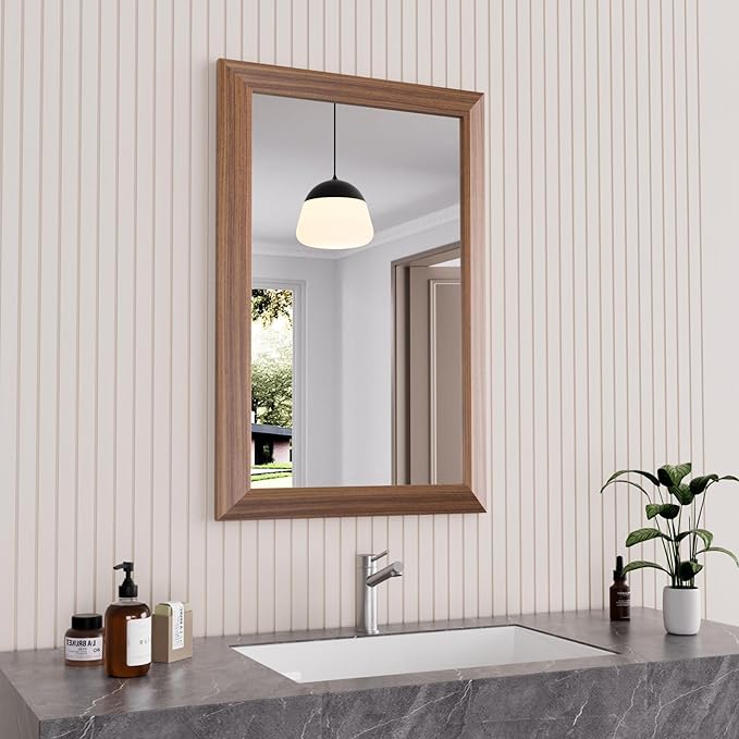 Amorho Bathroom Mirror, 20X30 Inch Wall Mirror, Walnut Wood Grain Metal Framed
