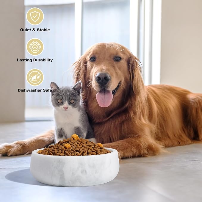 White Marble Dog Bowls, Non-Slip Dog Food Water Bowl Small, Heavy Duty Pet Bowl for Cats and Medium Dogs, Weighted African Natural Marble, Holds 4 Cups(5lbs)