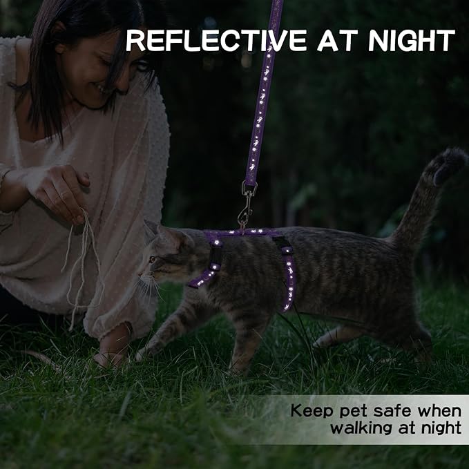 PAWCHIE Cat Harness with Leash and Collar Set - Escape Proof Adjustable H-shped Cat Harness with Star and Moon Pattern Glow in The Dark for Kitty Outdoor Walking, Purple M