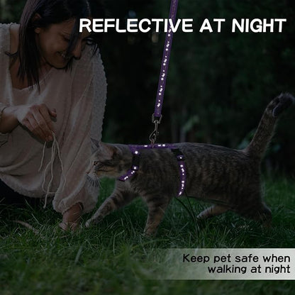 PAWCHIE Cat Harness with Leash and Collar Set - Escape Proof Adjustable H-shped Cat Harness with Star and Moon Pattern Glow in The Dark for Kitty Outdoor Walking, Purple M