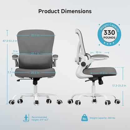 PKPT Mesh Office Chair, 330LBS Ergonomic Desk Chair with Adjustable Lumbar Support, Executive Computer Chairs for Home Office, White and Gray