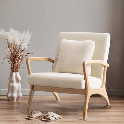 ELUCHANG Accent Chair Mid-Century Modern Chair with Lumbar Pillow, Upholstered Armchair Premium Linen Fabric Comfy Reading Chair, Lounge Side Chair for Living Room Bedroom Sunroom Apartment, Set of 2