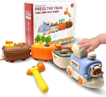 Press and Go Toddler Car Toys, Baby Push Car with Whack-A-Mole, Woodpecker Worm, Carrot Harvest Game, Train Toys for Toddlers 3-5, Racing Truck Toy, Kids Sensory Learning Birthday