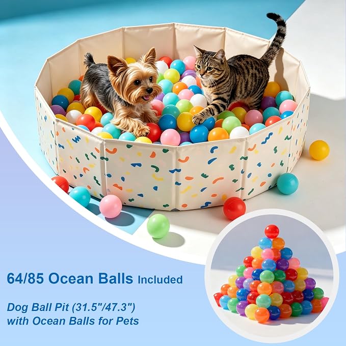 Foldable Dog Ball Pit with 64 Balls Included & Dog Pool, Portable Multifunctional Ball Pit for Dogs & Cats, Anti-Collapse Non-Slip Pet Play Pool (Beige S+64 Balls)