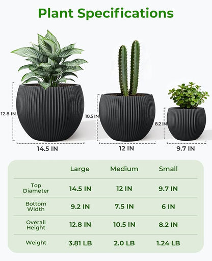 homenote Flower Pots 14.5/12/9.7 Inch,Large Plant Pots Indoor with Drainage,Plastic Pots for Plants,Garden Pots for Outdoor,Large Planters for Indoor Plants,Big Plastic Planter(3 Pcs)