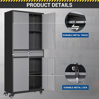 73" Metal Cabinet-Black&Gray Heavy Duty Rolling Storage Cabinet Steel Tool