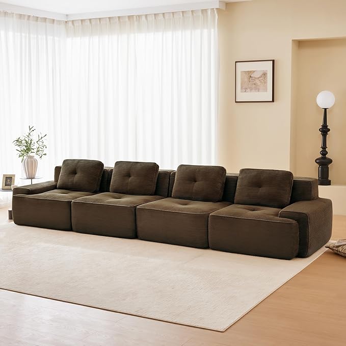 150" Modern Corduroy Cloud Sofa, Boneless Modular Large Sectional Couches for Living Room, Brown 4 Seater Compressed Memory Foam Couch, Extra Deep Seat, No Assembly