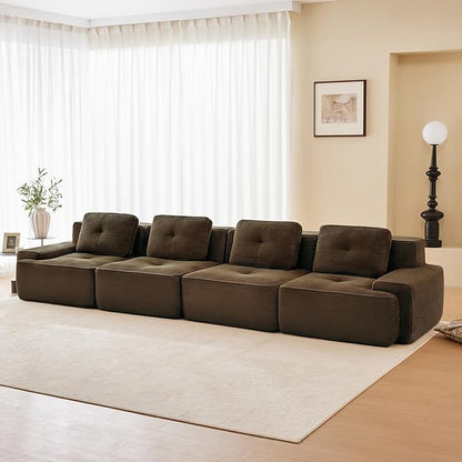 150" Modern Corduroy Cloud Sofa, Boneless Modular Large Sectional Couches for Living Room, Brown 4 Seater Compressed Memory Foam Couch, Extra Deep Seat, No Assembly