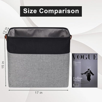 Large Fabric Storage Baskets | 50L Storage Bins, Decorative Linen Closet Baskets with Handles for Organizing, Shelf, Toys, Clothes, Home, Office, Nursery, 17x12x15Inches (Gray&Black)