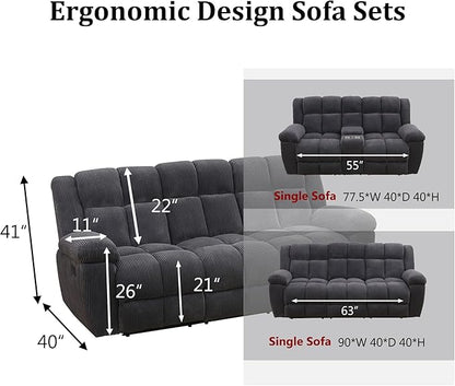 Manual Recliner Sofa Set,Fabric Reclining Couch Set,Modern Living Room Furniture Set,Reclining Sofa Couch Chair for Living Room Home Office (Dark Grey Upgraded Version, Sofa+Loveseat)