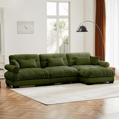 130"Oversized Couch, 3 Seater Modular Sectional Sofa, Olive Green Large L Shaped Sectional Couches for Living Room, Fluffy Couch Set, 3 Seater, Velvet Cloud Couches with Ottoman, Sofas for Living Room