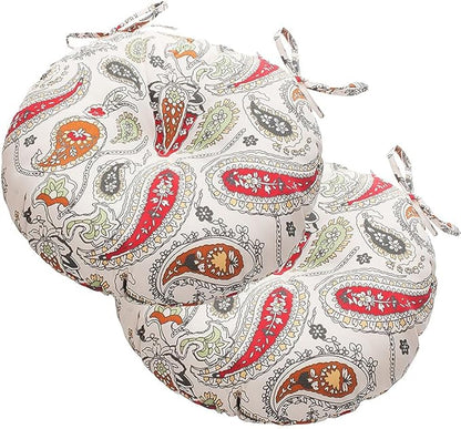 Magpie Fabrics Outdoor Round Bistro Seat Cushions with Ties, 15"x15"x4" Set of 2, Tufted Waterproof Barstool Chair Pads for Patio Home Garden Office, Paisley Beige Red
