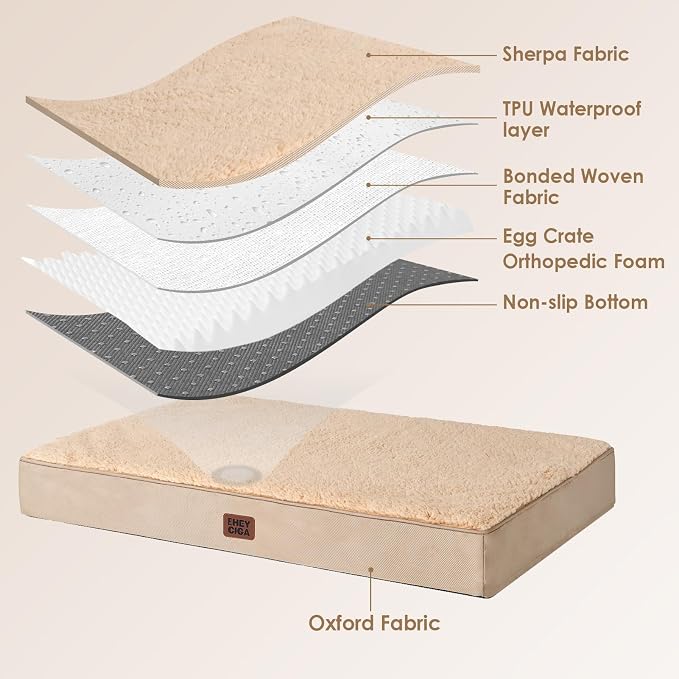 EHEYCIGA Orthopedic Dog Bed Large with Removable Washable Cover, 44IN Khaki | Egg Crate Foam Support, Durable Oxford fabric, Non-Slip Bottom, Machine Washable, Soft Waterproof Plush Pet Bed Mat For Crate