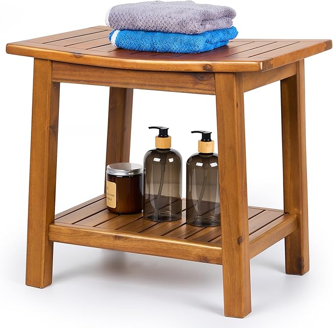 Teak Shower Bench, 20" Solid Wood Shower Stool Waterproof Shower Seat with Storage Shelf for Bathroom, Indoor & Outdoor Use